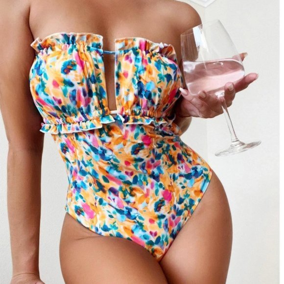 Other - Floral Print Ruched Bust Bandeau One Piece Swimsuit Bathing Suit